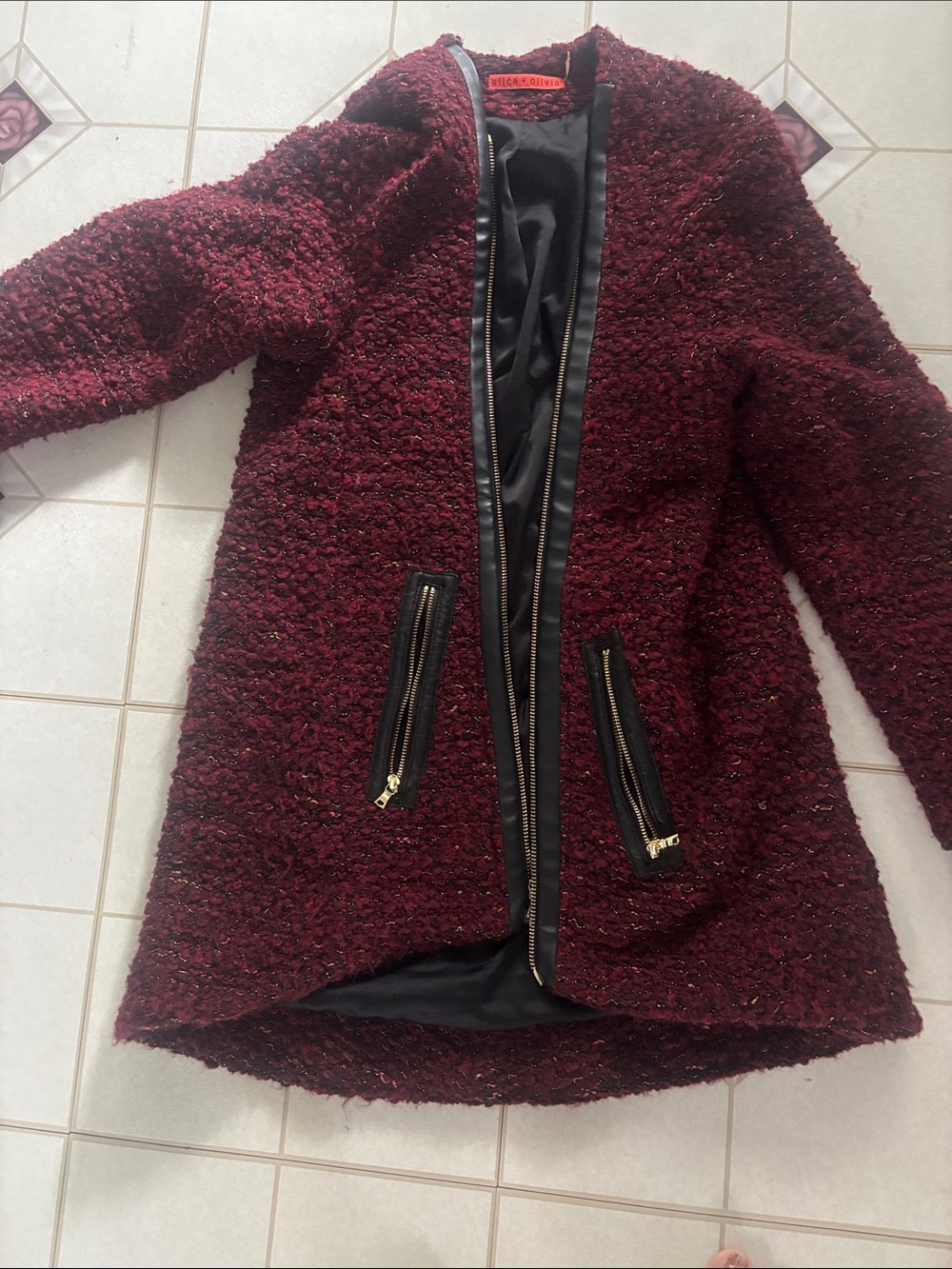 Alice + Olivia Burgundy Bouclé Zip-Front Teddy Coat